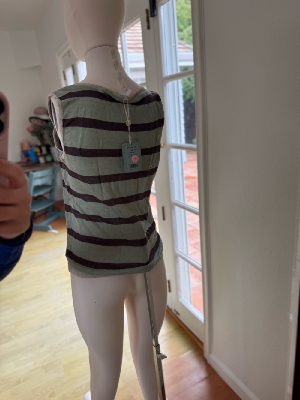 Striped Sleeveless Linen Tunic with Tie Neck in Sage Green and Charcoal - Picture 2 of 4